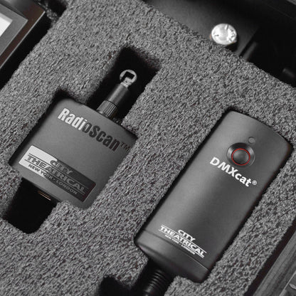 RadioScan spectrum analyzer and DMXcat interface stored side by side in Multiverse Studio Kit foam, City Theatrical