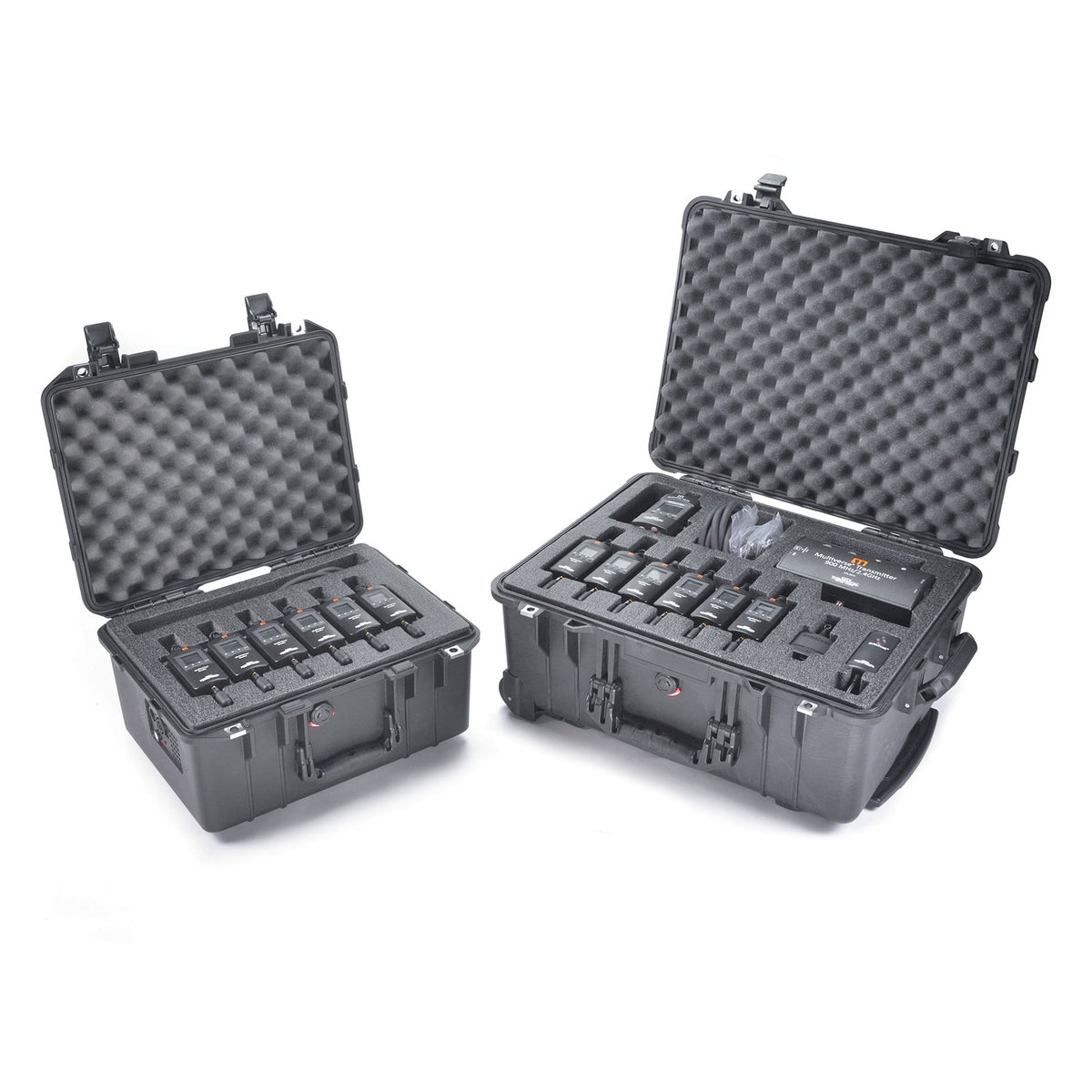 Multiverse Studio Add-On Kit and Multiverse Studio Kit 5938 open side by side comparing receiver counts and transmitter contents, City Theatrical