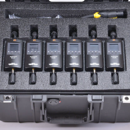 Multiverse Studio Add On Kit 5940 open case top view with six wireless DMX transmitters seated in custom foam, City Theatrical