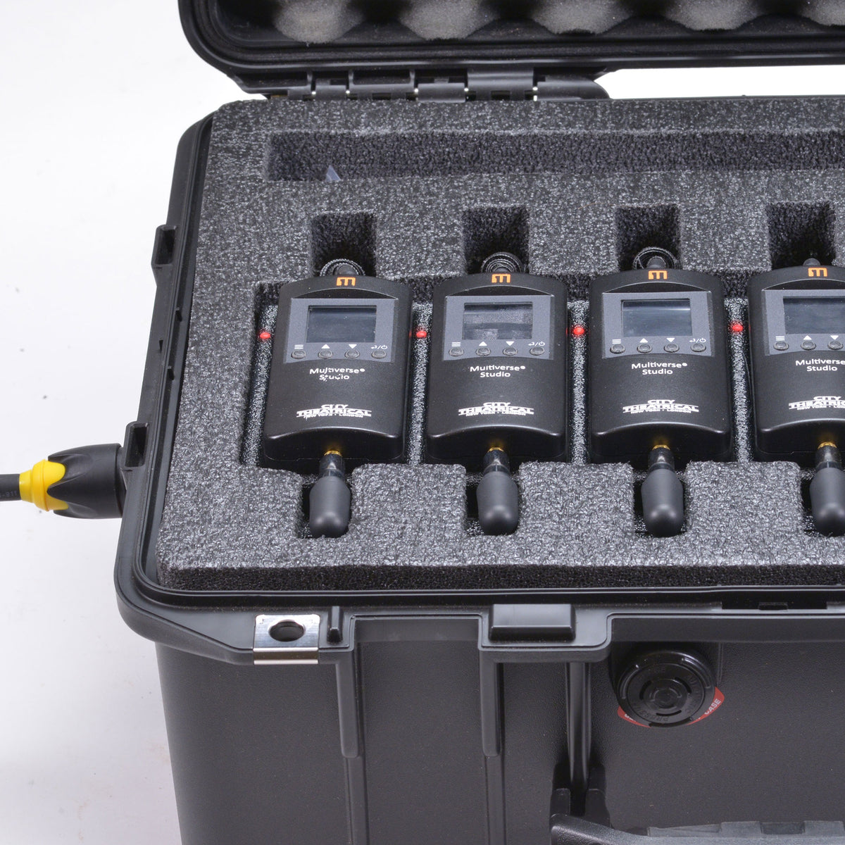 Multiverse Studio Add On Kit 5940 contactless charging detail with red charge indicators lit and yellow powerCON input cable connected, City Theatrical
