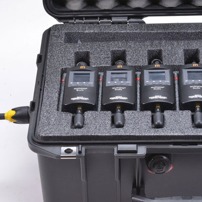 Multiverse Studio Add On Kit 5940 contactless charging detail with red charge indicators lit and yellow powerCON input cable connected, City Theatrical