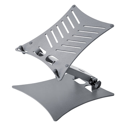 12195 laptop stand front three-quarter view with slotted aluminum platform tilted up and black lock knob on the steel base, K&M