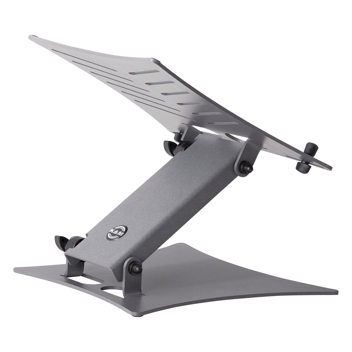 12195 laptop stand side view showing adjustable arm, black pivot knobs and slotted platform with laptop stop pegs, K&M
