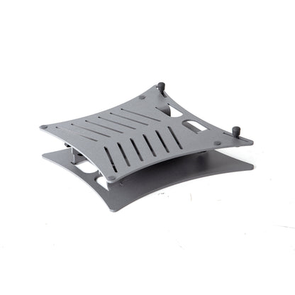 12195 laptop stand folded flat with slotted platform lowered over the steel base and rubber feet visible, K&M