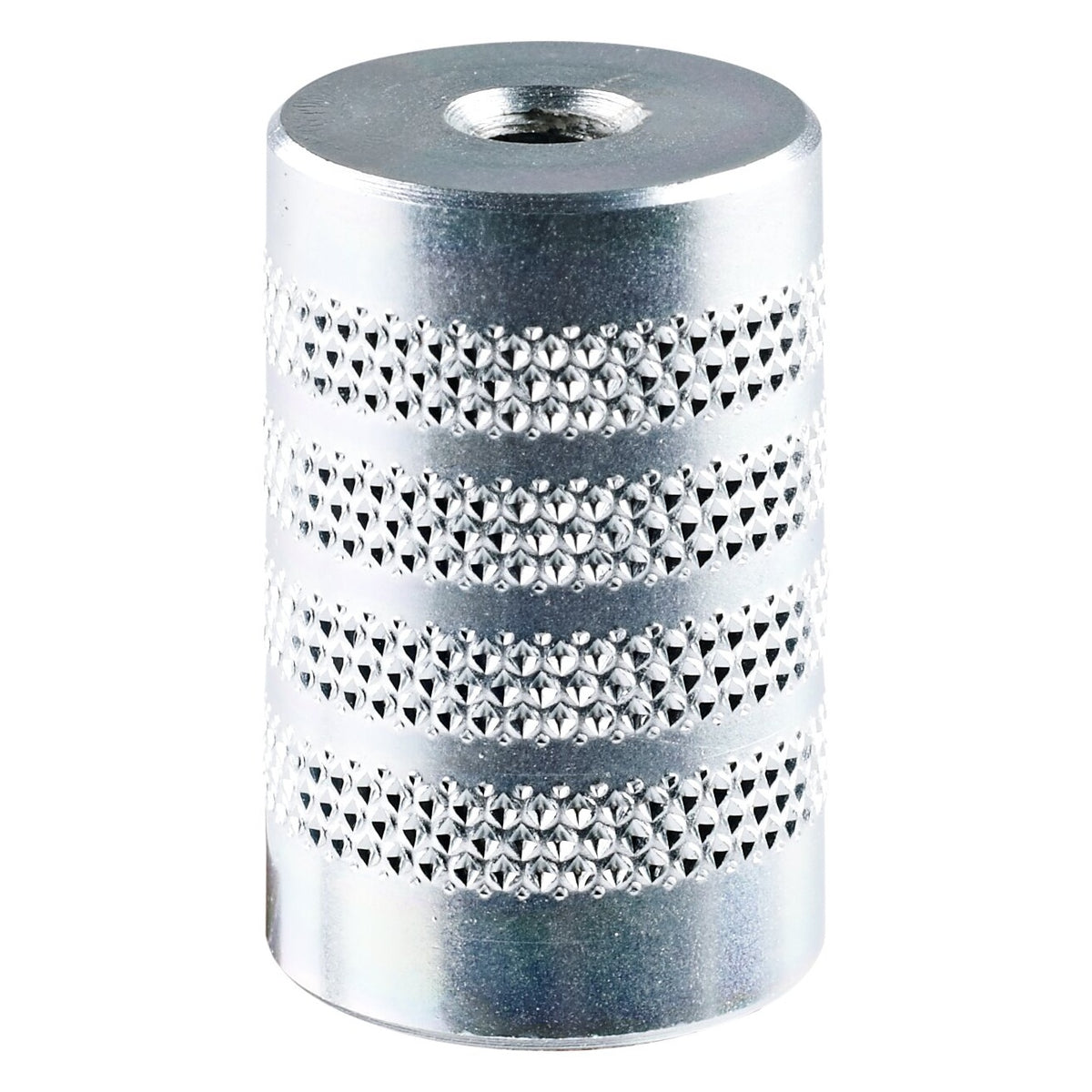 15282 reducing thread adapter product view of cylindrical silver aluminium body with four knurled grip bands and threaded hole in top face, K&M
