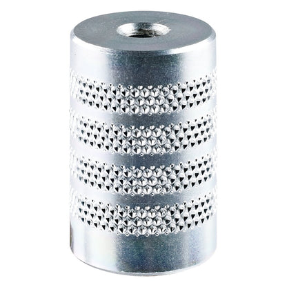 15282 reducing thread adapter product view of cylindrical silver aluminium body with four knurled grip bands and threaded hole in top face, K&M