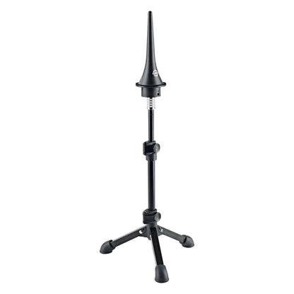 15282 reducing thread adapter in use between a tripod stand shaft and a black conical peg holder with the knurled silver adapter visible, K&M