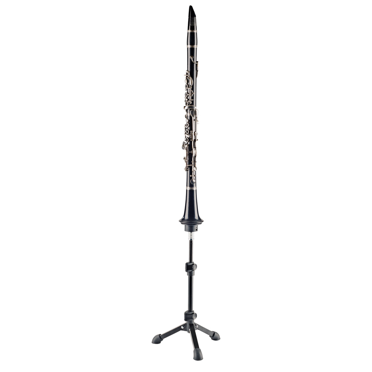 15282 reducing thread adapter in use on a tripod instrument stand with silver adapter beneath a clarinet bell holding the instrument upright, K&M