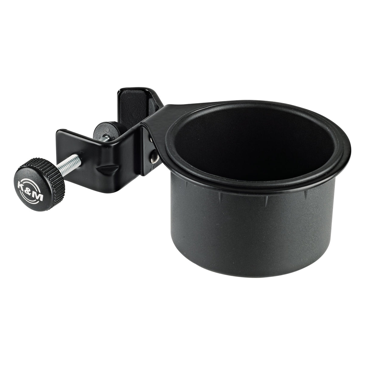 16024 clamp-on can and cup holder angled front view showing black cup and knurled K&M thumbscrew clamp, K&M