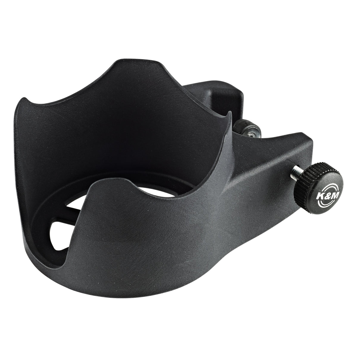 16027 biobased drink holder angled product view showing curved cup cradle and K&M logo clamp knob, K&M