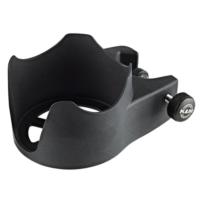 16027 biobased drink holder angled product view showing curved cup cradle and K&M logo clamp knob, K&M