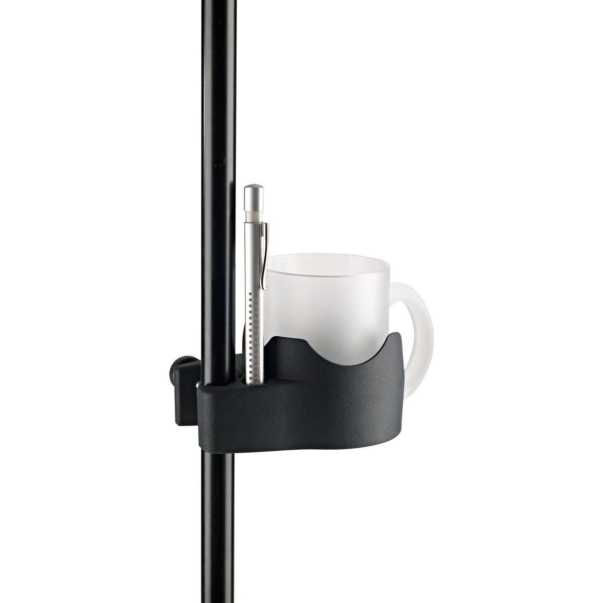 16027 biobased drink holder clamped to black stand pole holding frosted glass mug with pen in side slot, K&M