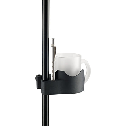16027 biobased drink holder clamped to black stand pole holding frosted glass mug with pen in side slot, K&M