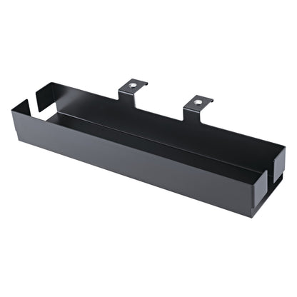 18808 cable organizer box angled view showing open black steel tray with two mounting tabs and screws, K&M