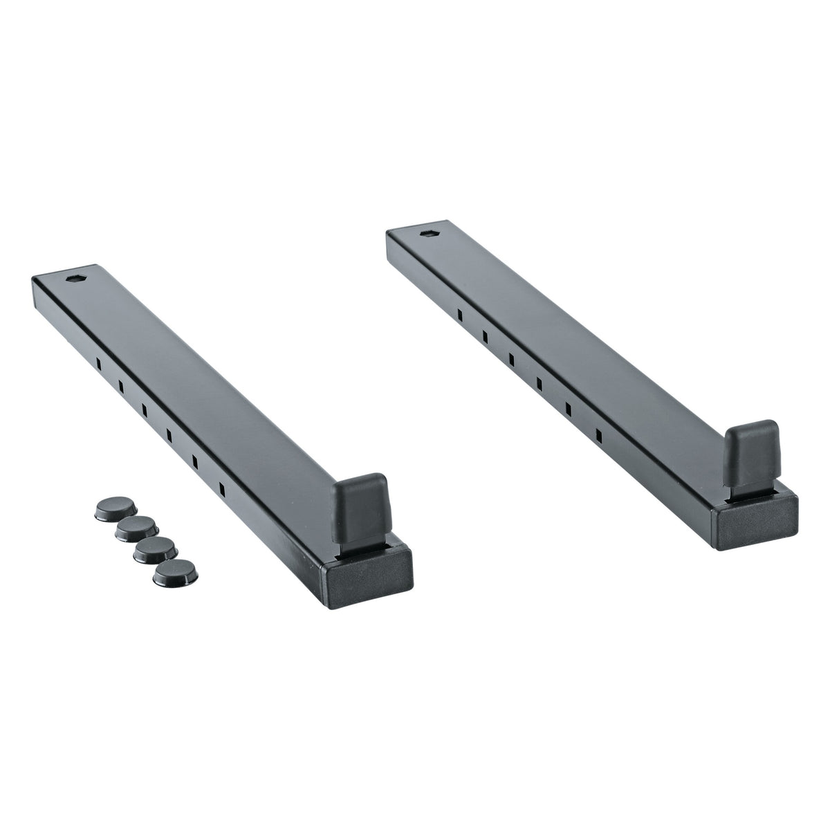 18823 XL support arms pair shown from above at an angle, with slotted adjustment holes, rubber end stops and four loose rubber feet, K&M