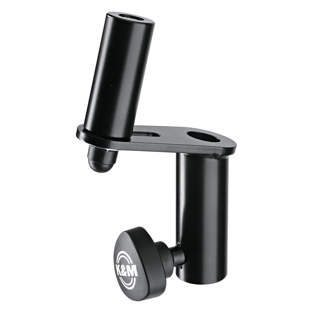 19671 speaker tilt connector front three-quarter view with angled upper spigot, flat black plate and K&M logo clamping knob, K&M