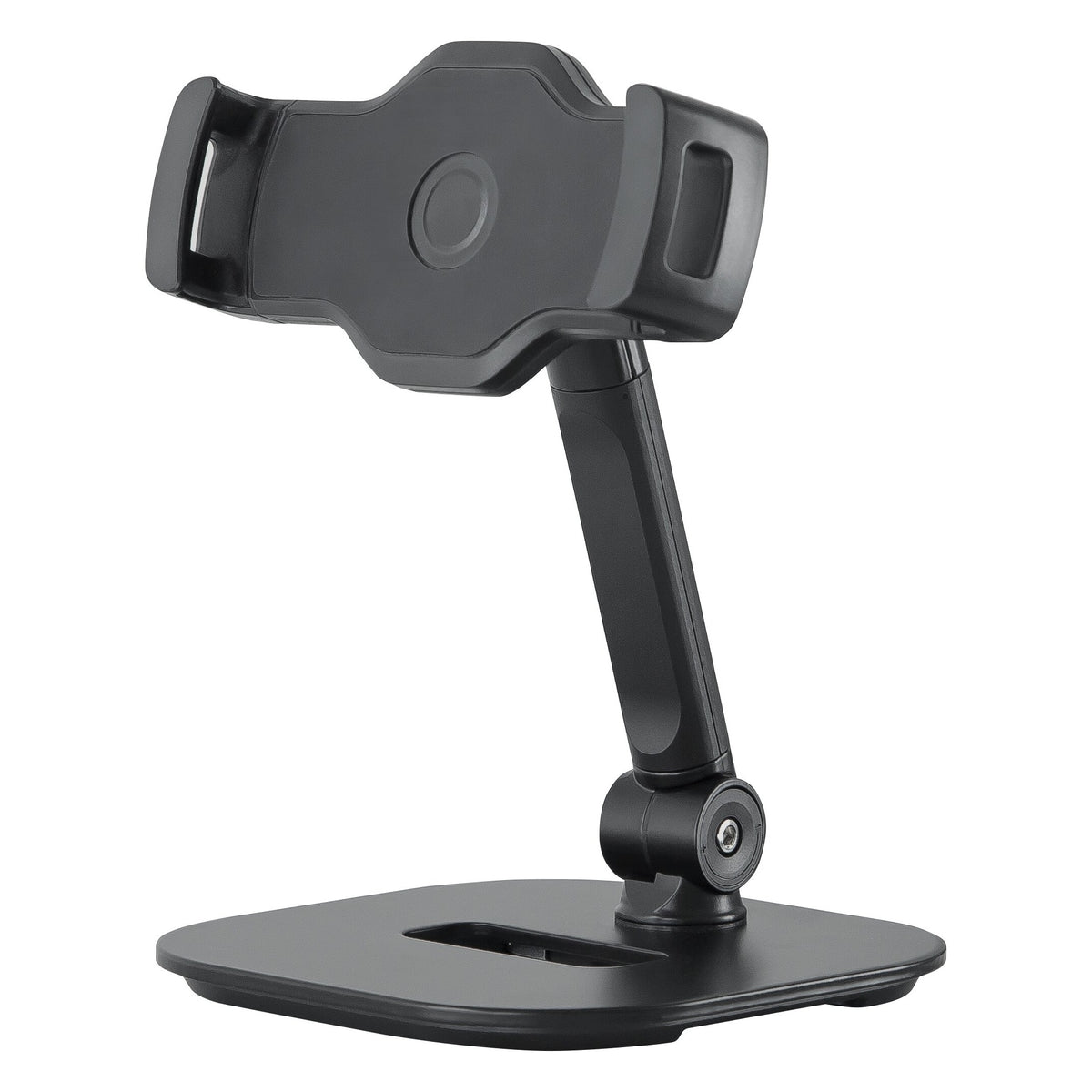 19800 smartphone and tablet table stand front three-quarter view showing empty adjustable clamp, articulating arm and weighted black base, K&M