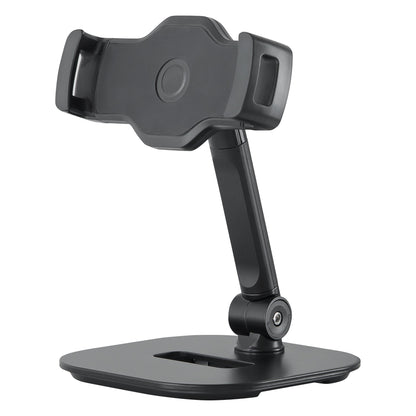 19800 smartphone and tablet table stand front three-quarter view showing empty adjustable clamp, articulating arm and weighted black base, K&M