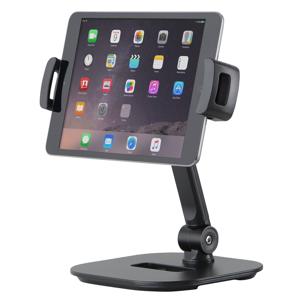 19800 smartphone and tablet table stand in use holding a tablet in landscape orientation with side clamps gripping the edges, K&M