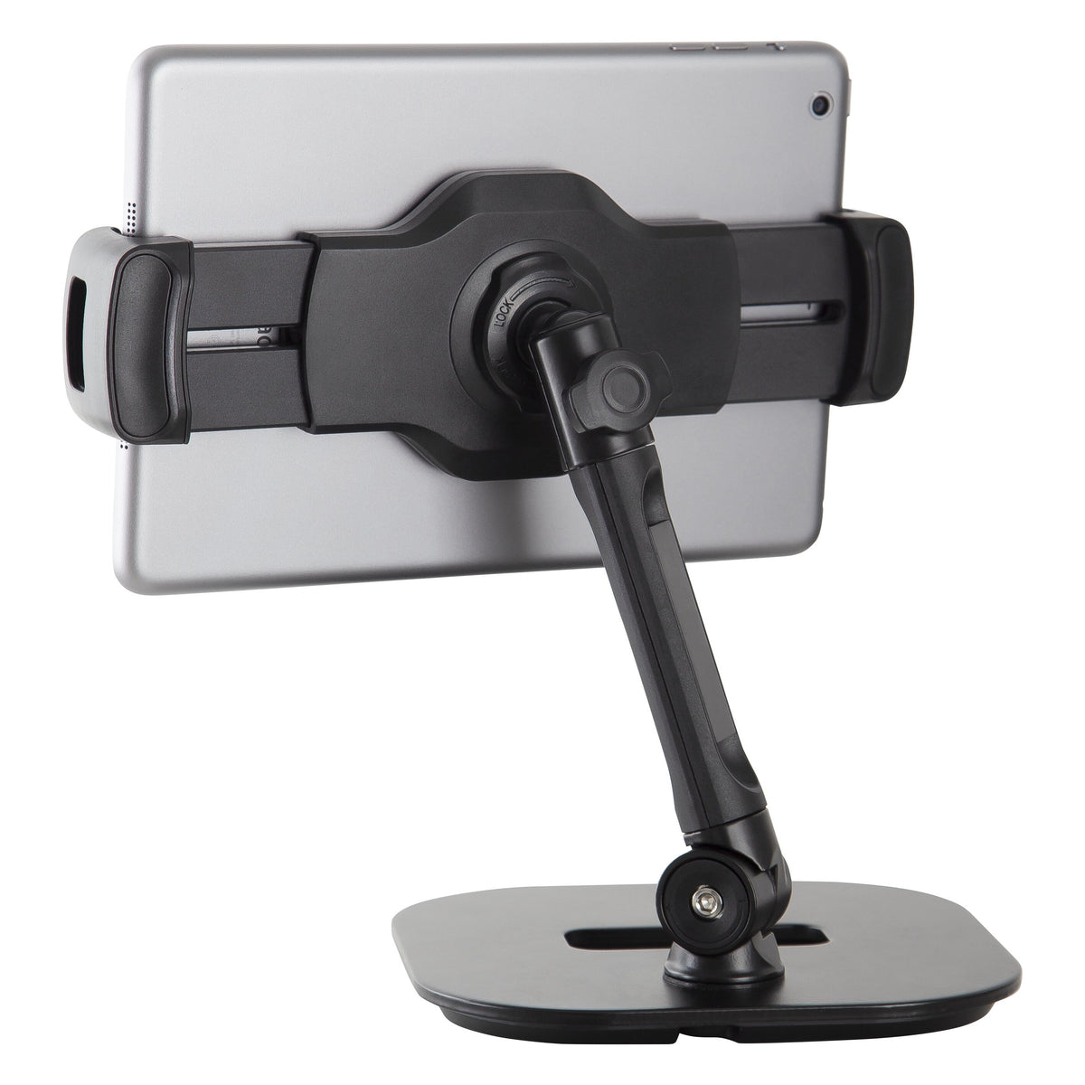 19800 smartphone and tablet table stand rear view showing sliding clamp arms, lock ring and swivel joints behind a mounted tablet, K&M