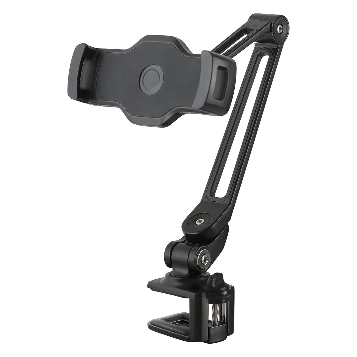 19805 smartphone and tablet holder front three-quarter view, empty spring-loaded cradle on slotted black articulated arm with C-clamp base, K&M