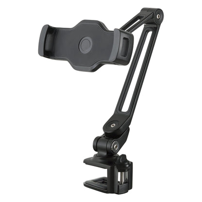 19805 smartphone and tablet holder front three-quarter view, empty spring-loaded cradle on slotted black articulated arm with C-clamp base, K&M