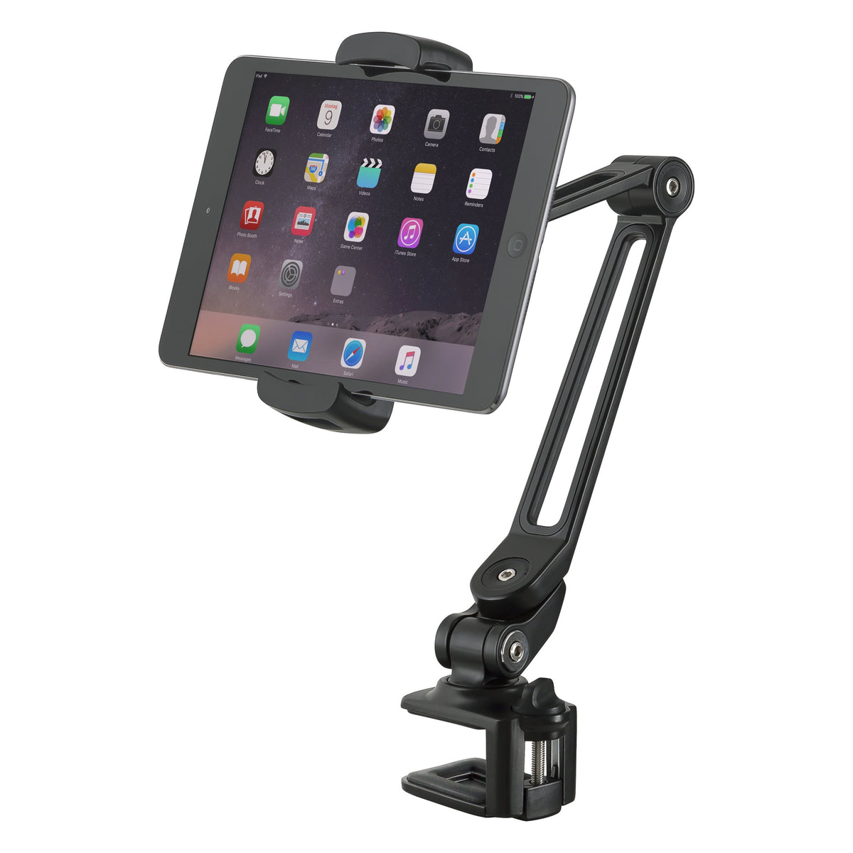 19805 tablet holder in use, tablet with home screen gripped in cradle on jointed black arm and table clamp, K&M