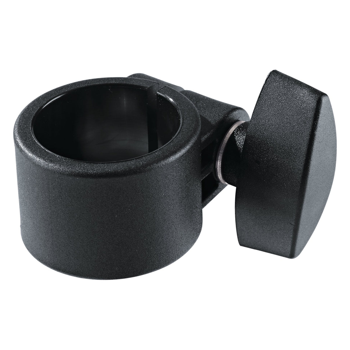21320 safety locking ring for 35 mm speaker stands, angled front view showing black plastic ring body and side-mounted clamping wing knob, K&M