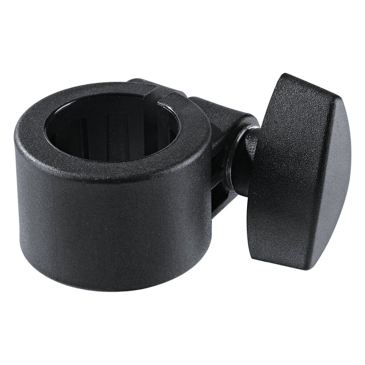 21320 safety locking ring for 30 mm speaker stands, angled front view showing black cylindrical collar with ribbed bore and side-mounted wing clamp knob, K&M