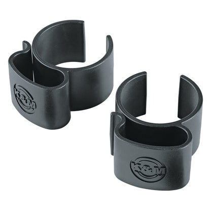 21406 plastic cable clamps pair, product shot showing open C-shaped stand clip and cable channel with embossed K&M logo, K&M