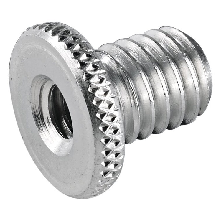 21770 steel thread adapter angled view showing knurled flange with threaded female socket and external male thread, K&M