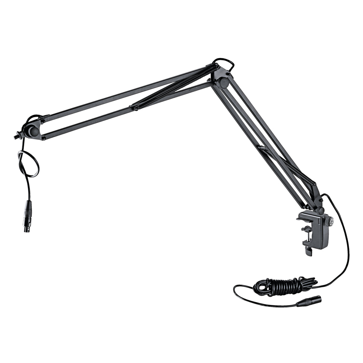 23850 desk microphone arm full view with spring-loaded folding boom, table clamp and coiled 5m XLR cable with female and male connectors, K&M