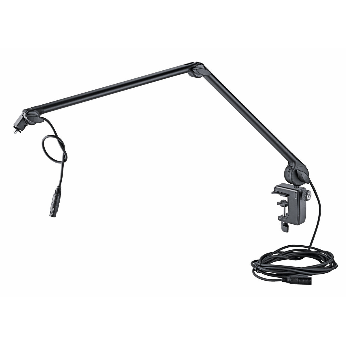 23860 desk microphone boom arm full product view with table clamp, coiled 6m XLR cable and female XLR lead at the mic end, K&M