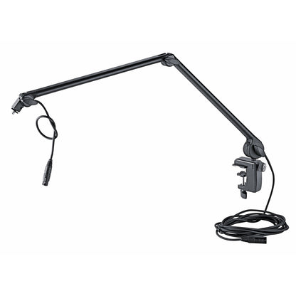 23860 desk microphone boom arm full product view with table clamp, coiled 6m XLR cable and female XLR lead at the mic end, K&M