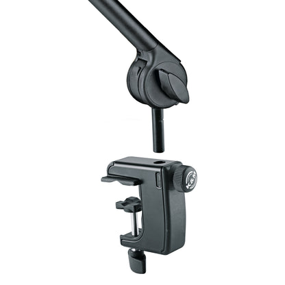 23860 table clamp detail showing the K&M-branded tightening knob, clamp screw and arm pivot post separated above the clamp socket, K&M