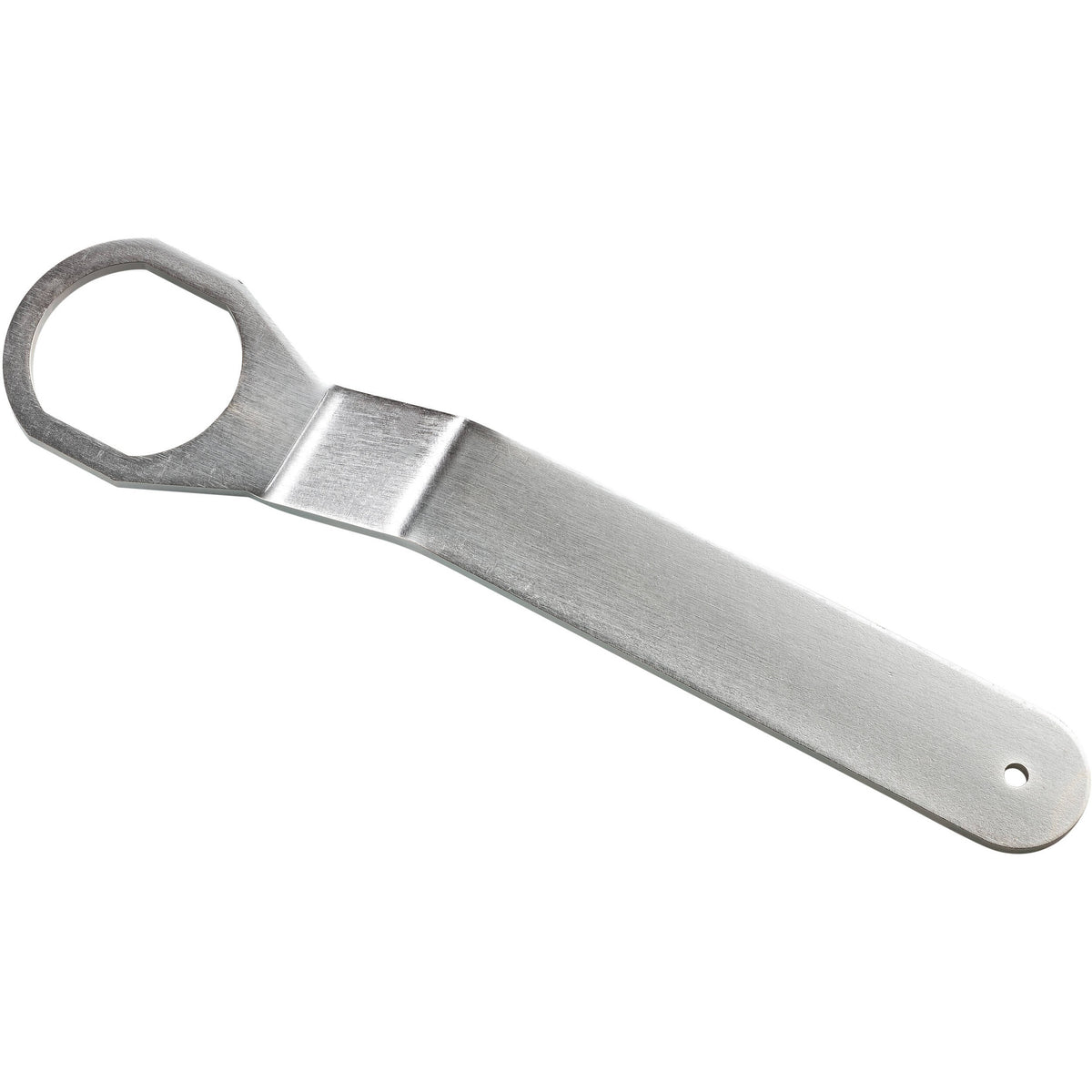 KM 26702.000.29 flat steel spanner wrench full view showing hex ring opening and hang hole in brushed handle, K&M