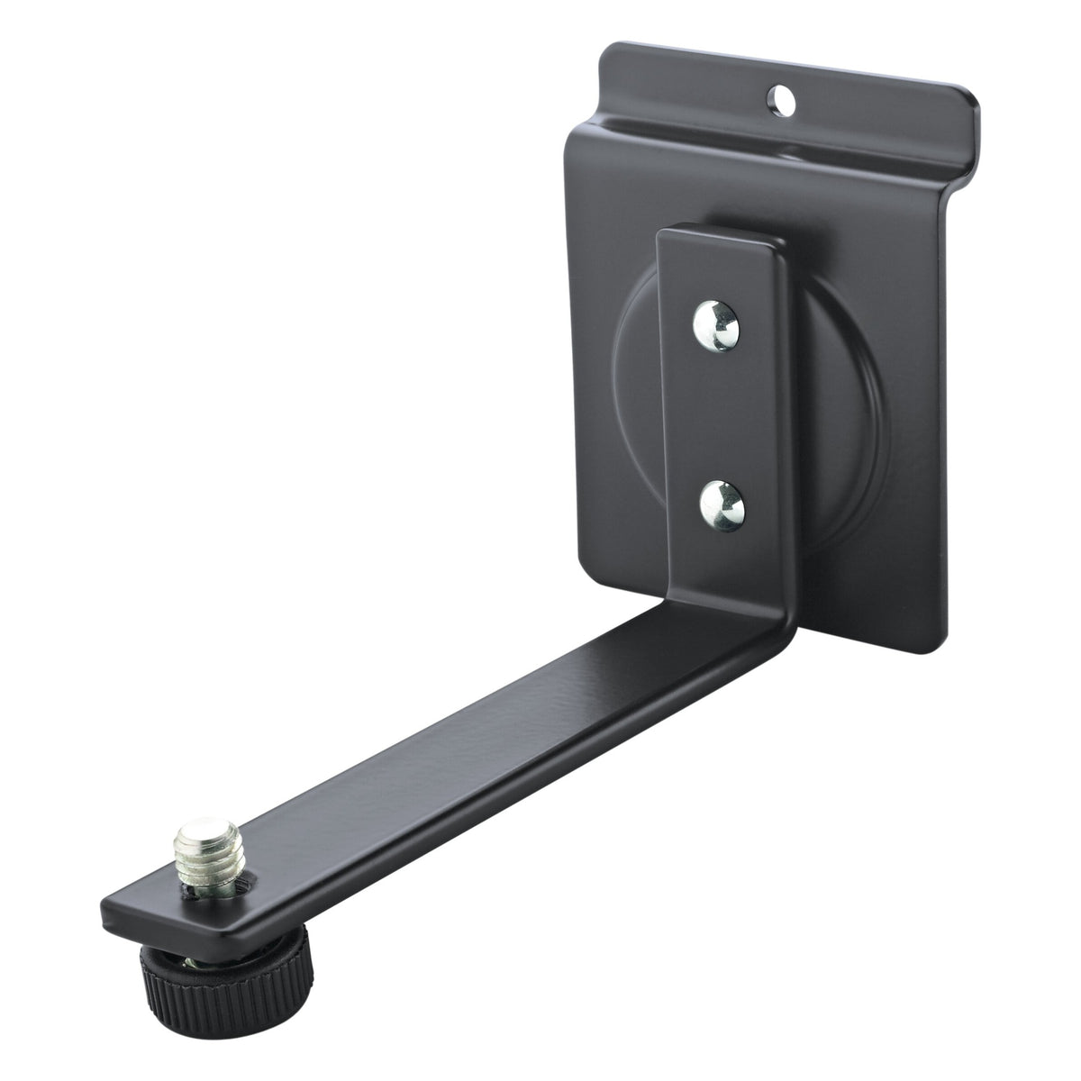 44500 Spacewall microphone holder angled front view showing black slatwall mounting plate, riveted bracket and threaded stud with knurled nut on the horizontal arm, K&M
