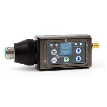 DPR-A digital plug-on transmitter front view showing control panel with LCD screen, menu, back, power and arrow buttons, XLR connector and gold SMA antenna jack, Lectrosonics