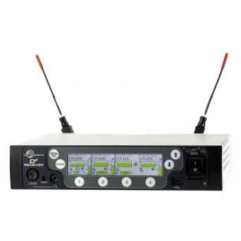 DSQD 4-channel half-rack digital wireless receiver front view with two angled antennas and four numbered channel displays, Lectrosonics