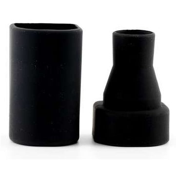 Silicone cover for plug-on transmitter shown as two separate black pieces, rectangular body sleeve beside tapered top cap with wide base, Lectrosonics
