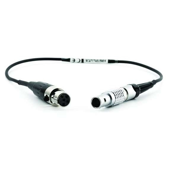 Timecode adapter cable for DBSM transmitter belt pack, full view of coiled black cable with TA5F connector on one end and LEMO 5-pin plug on the other, white label reading MCATCTA5LEMO5, Lectrosonics