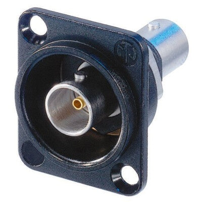 Neutrik NBB75DFIB-P BNC 75 ohm feedthrough receptacle in black D-shape housing, angled front view