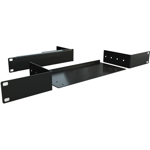 AH-DT-RK19 1U 19-inch rack mounting kit showing black steel tray, side brackets and rack ears with mounting holes, Allen & Heath