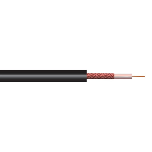 ProCo Sound COAX-59T.MK bulk coaxial cable cutaway showing black jacket, copper braid shield, and center conductor