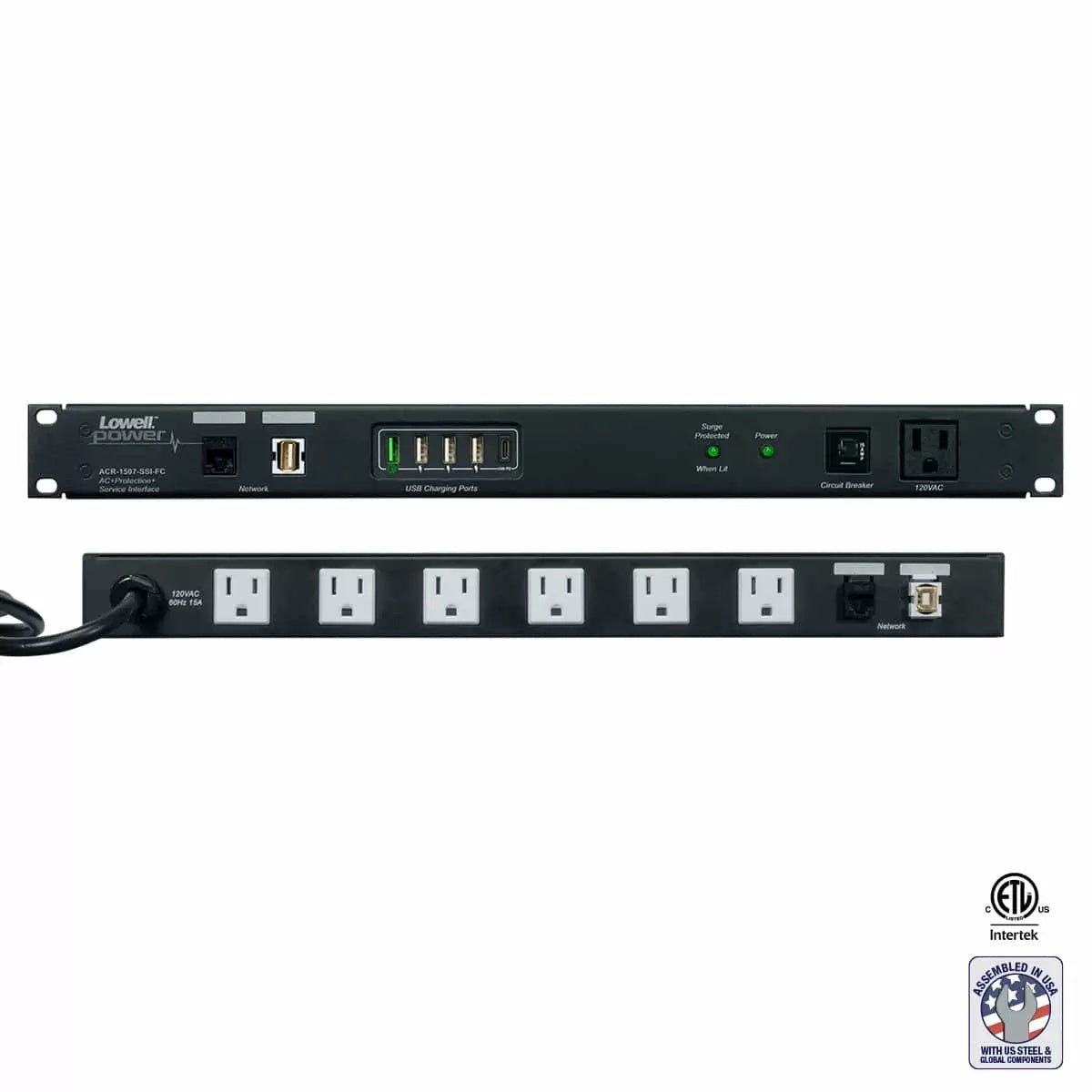 Lowell Rackmount Power Distribution Unit 1U AC Power Strip | 7 Outlets | 15A | Network Interface, Surge Suppression, Front Charging Ports
