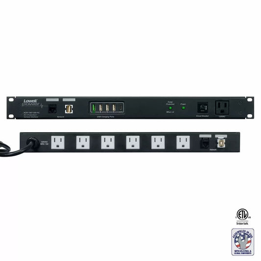 Lowell Rackmount Power Distribution Unit 1U AC Power Strip | 7 Outlets | 15A | Network Interface, Surge Suppression, Front Charging Ports