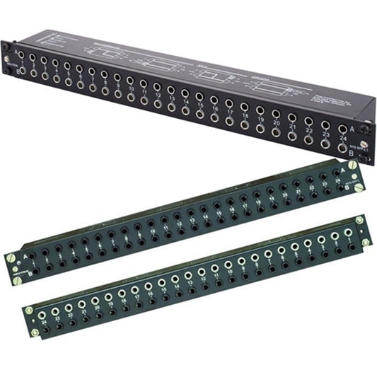Neutrik NYS-SPP-L1-USA 1RU patch panel angled front view with numbered 1/4" jacks above two bare panel plates