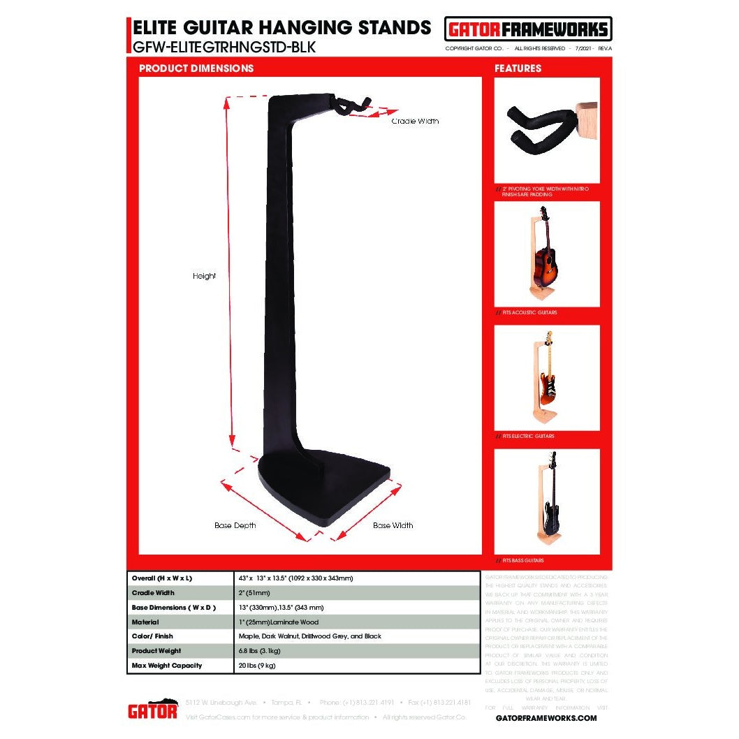 Gator GFW-ELITEGTRHNGSTD-BLK Guitar Hanging Stand Black