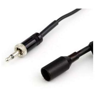 Lectrosonics lavalier microphone close-up of locking 2.5mm connector with knurled silver locking collar beside black cable and microphone capsule housing, Lectrosonics