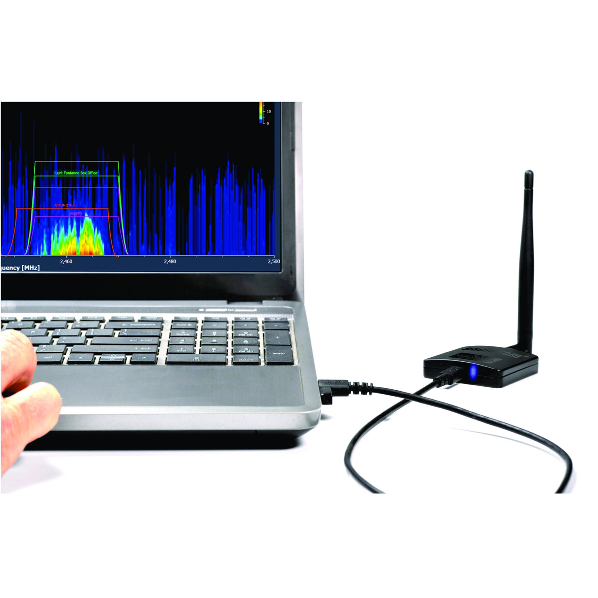 RadioScan 5988 in use with laptop showing 2.4 GHz SSID scan and labeled Wi-Fi network overlays, City Theatrical